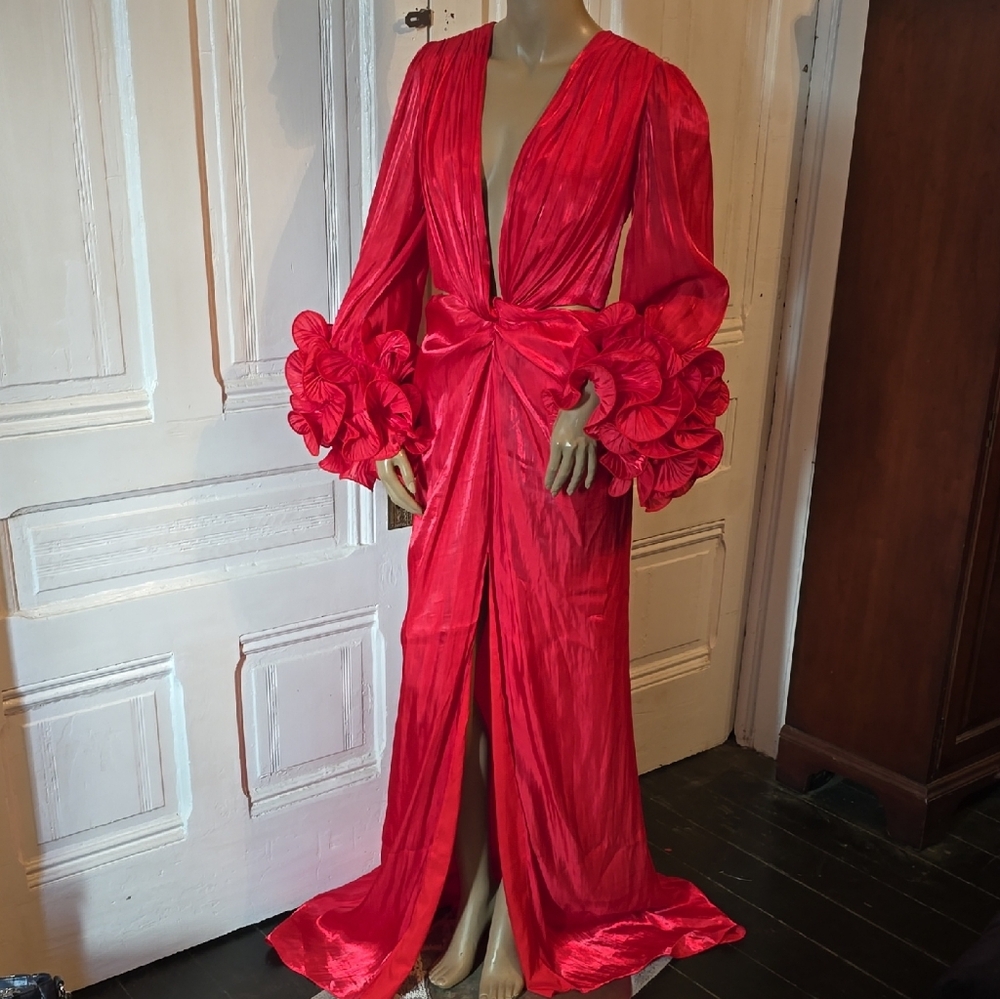 Ruffled Tiered Sleeves Ruched Ravishing Red  Dress